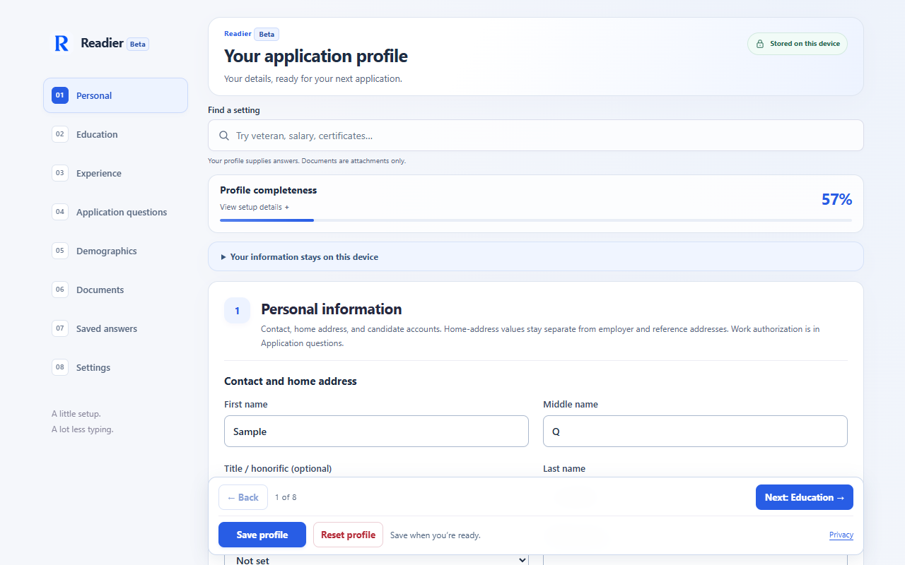Readier profile editor, with sections for personal information, education, experience, application questions and documents. Shown with sample data.